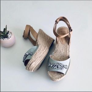 NWOB Kaari Blue Chloe Espadrille Jeweled Wedge Sandal 8.5